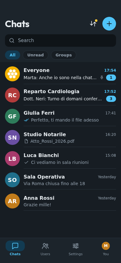 BeeBEEP 6 on a phone: the chat list, dark theme