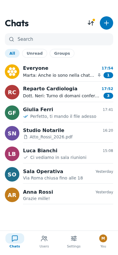 BeeBEEP 6 on a phone: the chat list, light theme