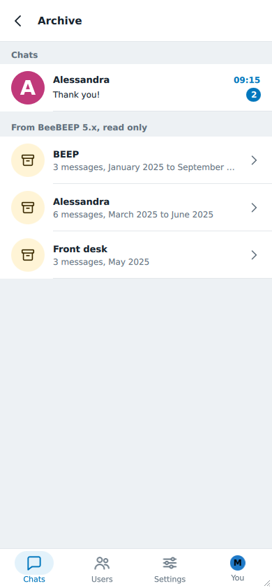 The archive: the archived chats first, then the histories of BeeBEEP 5.x