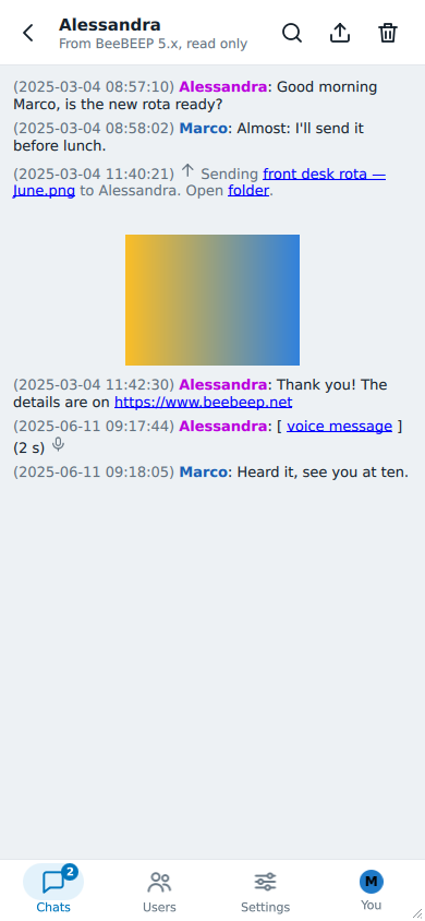 A history from BeeBEEP 5: its messages, a link to a file, a voice message and a picture