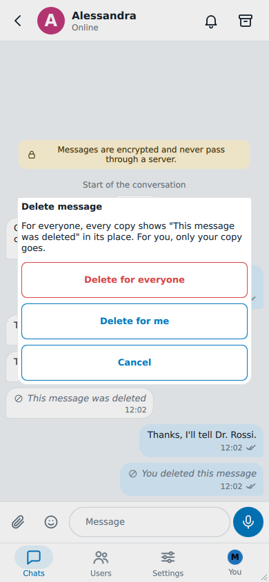 The delete choice: Delete for everyone outlined in red, Delete for me and Cancel