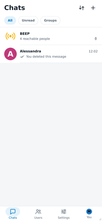 The list of chats: the chat with Alessandra shows You deleted this message as its last message