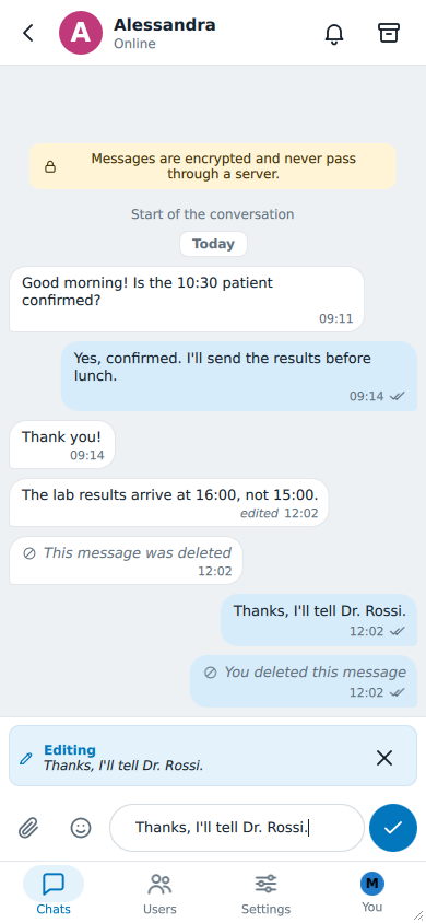 Editing a message: the banner Editing with the original text above the field, the text in the field, and the check mark that saves it