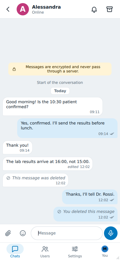 A conversation with Alessandra: one message marked edited beside its time, one shown as This message was deleted, and one of yours as You deleted this message