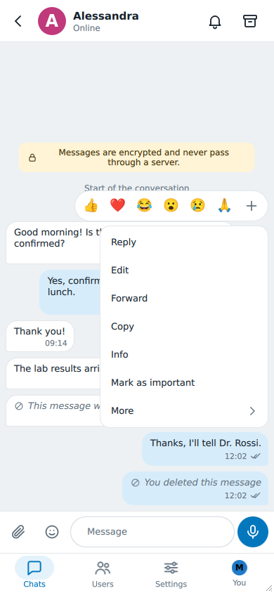 The menu of a message on a phone: the six quick reactions on top, then Reply, Edit, Forward, Copy, Info, Mark as important and More
