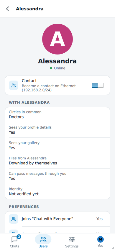A user's details with the Contact switch on, the circles you share with them, and what they see of you and what you accept from them