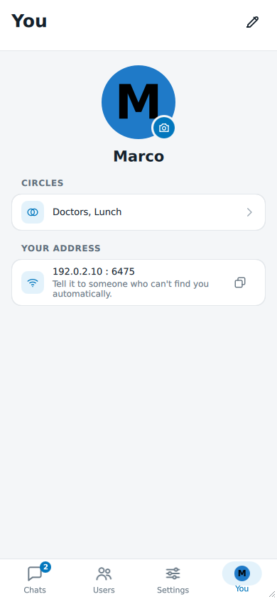 The You tab with a round picture marked M and a camera button on it, the name below it, a Circles card listing two circles and an address with its port