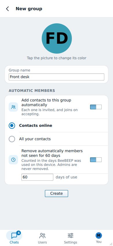 New group with the two rules on: contacts online invited, members not seen for 60 days removed