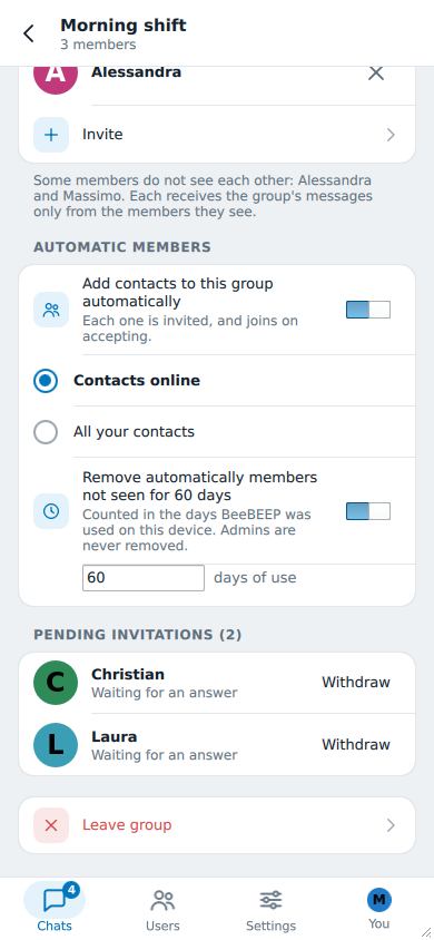 A group's details on a phone: its name and color, the administrators, the members and the button to invite more people