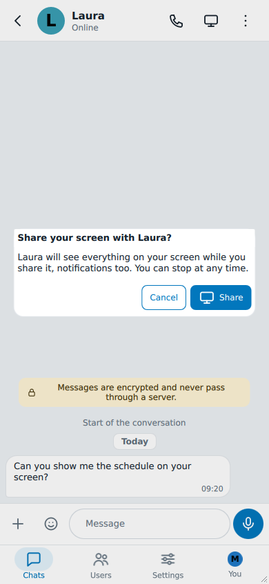 La domanda Share your screen with Laura? con Share e Annulla, sopra la chat