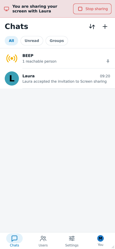 La stessa barra, You are sharing your screen with Laura e Stop sharing, sopra l'elenco delle chat