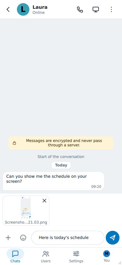 La striscia sopra il campo del messaggio con uno screenshot, il suo nome e un pulsante per rimuoverlo, e un testo scritto sotto
