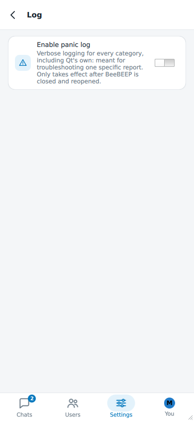 The Log page with the switch Enable panic log turned off