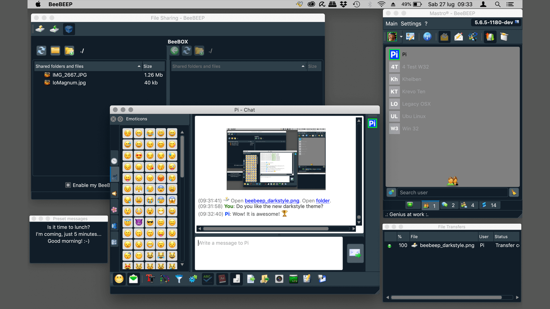 BeeBEEP in action on different operating systems (dark style)